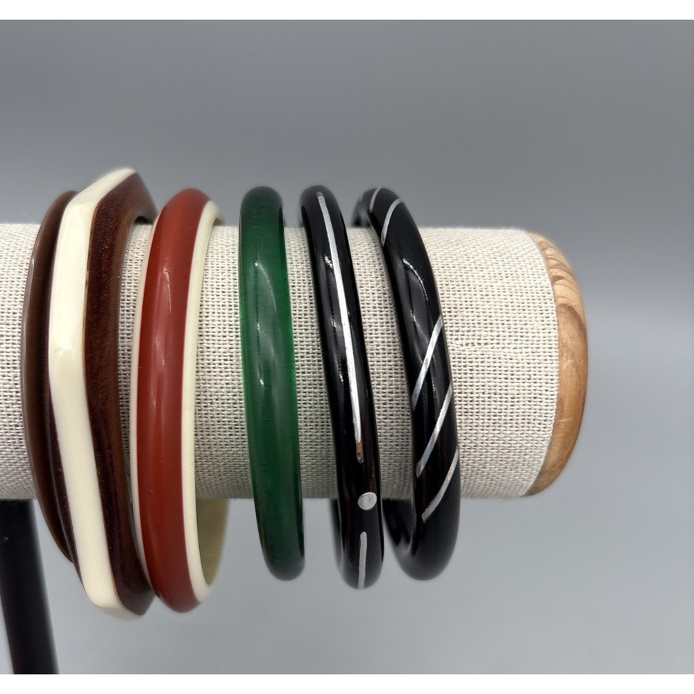 Bangle Bracelets Brown White Wood color Retro Boho Style Set of 6 Green Black - Picture 2 of 10